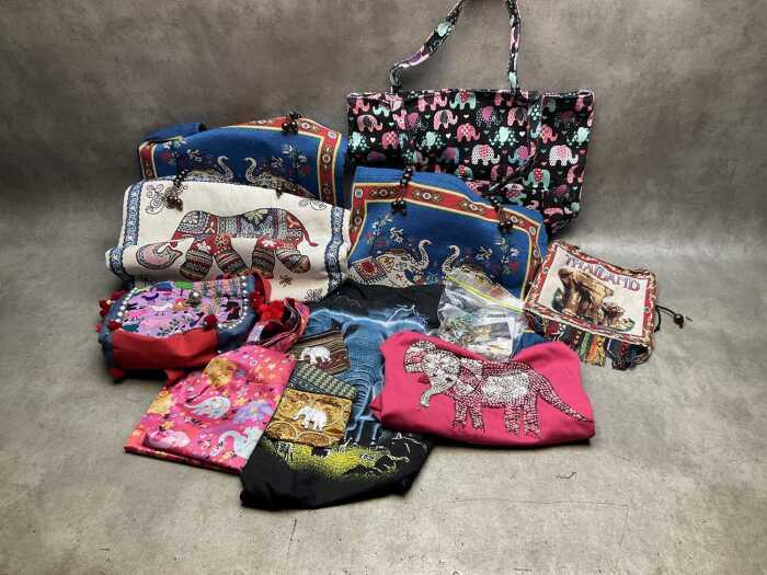 Group of elephant themed clothing and accessories