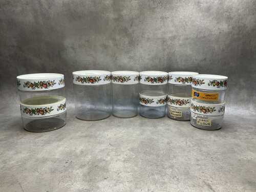 Ten Pyrex 'Spice of Life' Store 'n' See glass storage canisters
