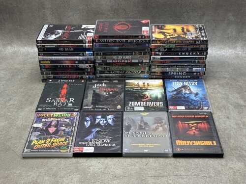DVDs, mostly horror films, including Queen of the Damned