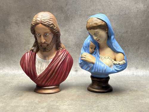 Two hand painted religious plaster bust figures
