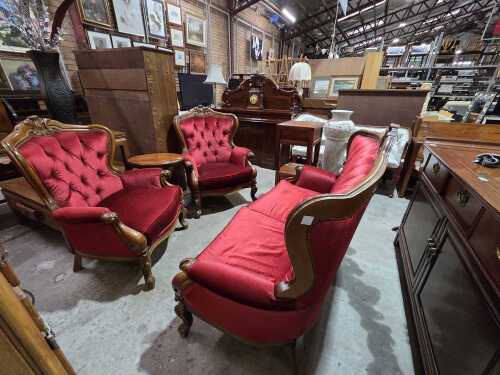 Three-piece red velvet lounge suite