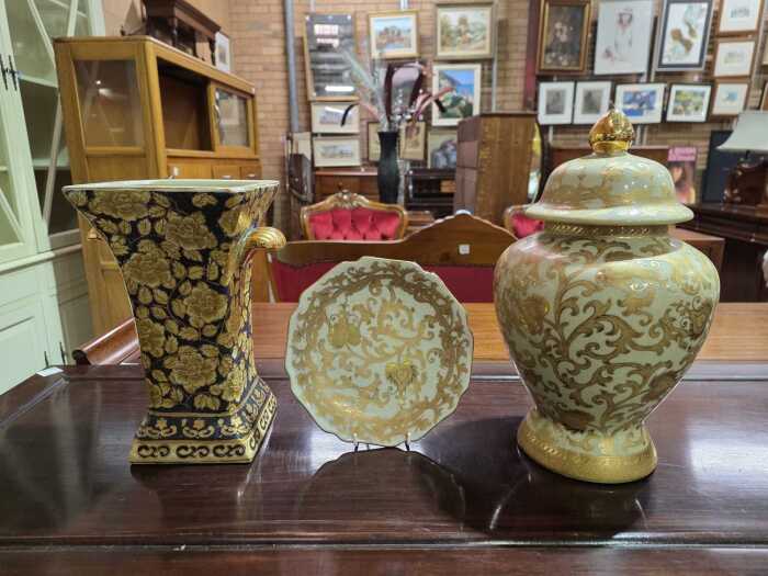 Three ceramic pieces with gilt designs