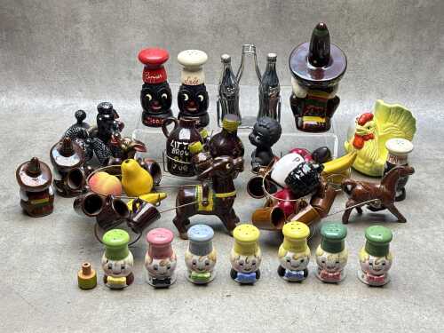 Mid-century novelty condiment, salt and pepper shakers, and drinks sets