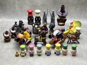 Mid-century novelty condiment, salt and pepper shakers, and drinks sets