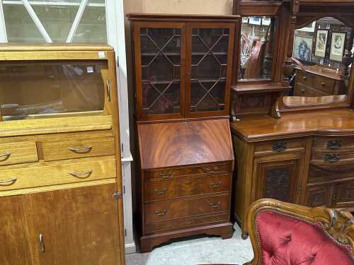 Reproduction flame mahogany bureau bookcase