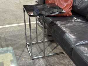 Brushed aluminium side table with black glass top