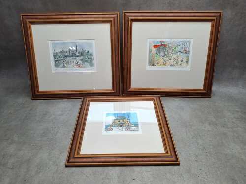Peter Kingston (1943-2022), three coloured etchings on paper, 1988