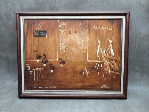 Peter Browne (1947-), Swans Made For You. Vegemite painting on board