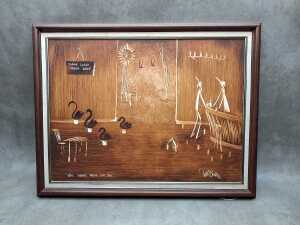 Peter Browne (1947-), Swans Made For You. Vegemite painting on board