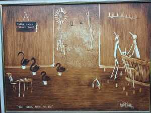 Peter Browne (1947-), Swans Made For You. Vegemite painting on board - 2