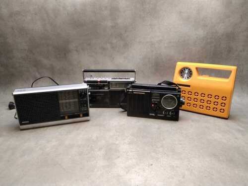 Portable radios and record player, mostly National Panasonic