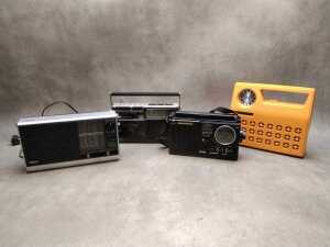 Portable radios and record player, mostly National Panasonic