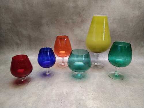 Six mid-century glass brandy balloons, mostly Italian