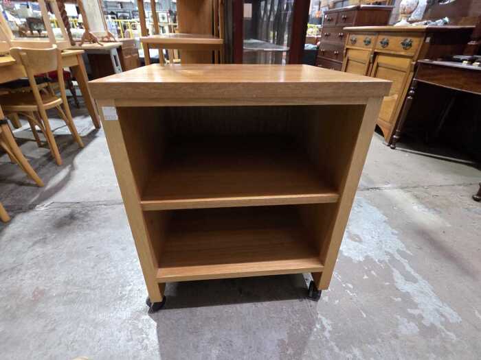 Teak two-tier side cabinet on castors