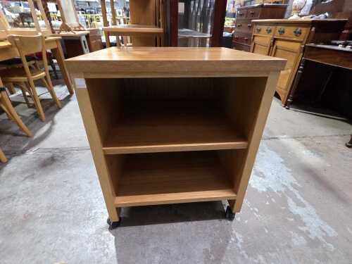 Teak two-tier side cabinet on castors