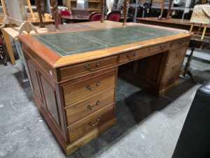 Twin pedestal desk with green leather inset top - 2