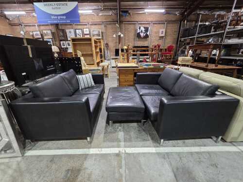 Berkowitz black leather three-piece lounge suite