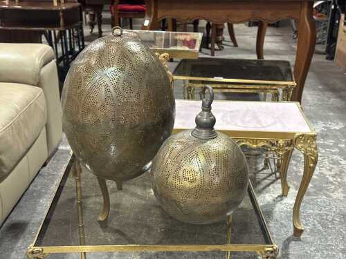 Two Moroccan style metal hanging decorative balls