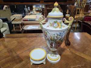 Ceramic twin-handled lidded urn with vibrant floral motif - 2