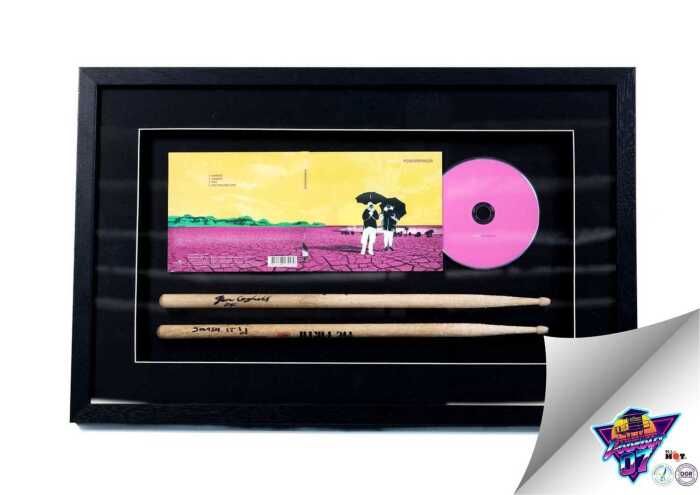 Powderfinger framed memorabilia, including signed drumsticks and 'Sunsets' CD single