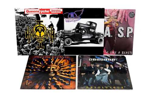 Five vinyl records, mostly hard rock and metal