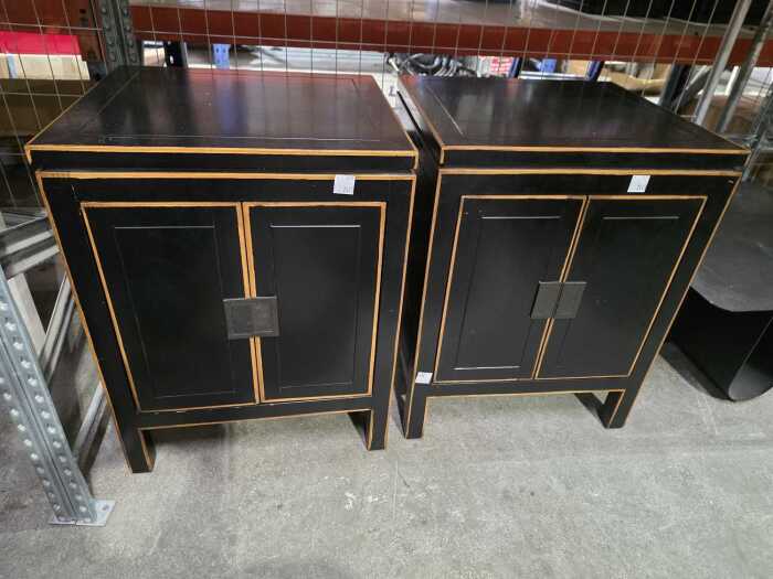Pair of black timber Asian-style bedside cabinets