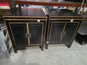 Pair of black timber Asian-style bedside cabinets