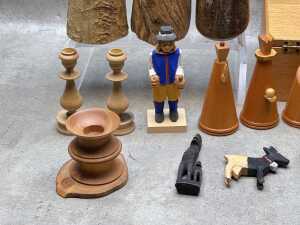 Assorted treen including carved Nativity figures in cabinet, turned Mulga wood vases, etc. - 3