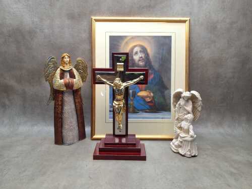 Four Christian decorative and votive items