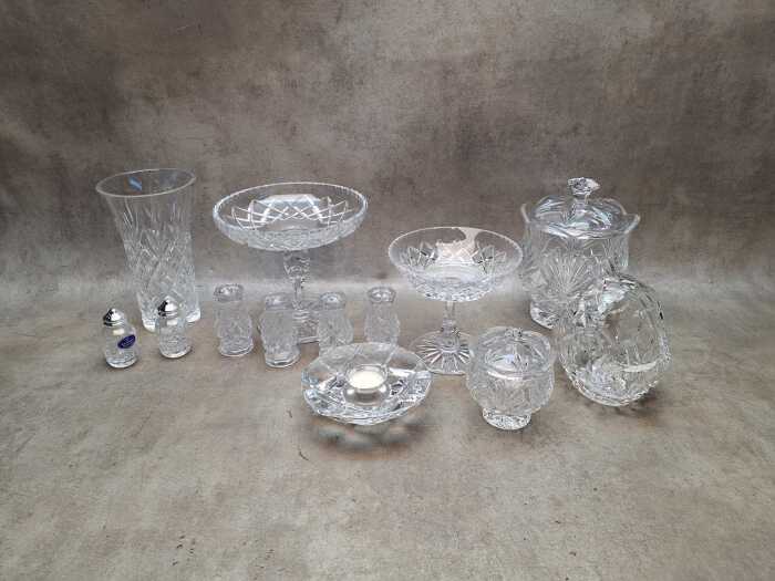 Assorted crystal including Royal Doulton salt and pepper shakers, Orrefors tea light holder, Inwald comport, etc.
