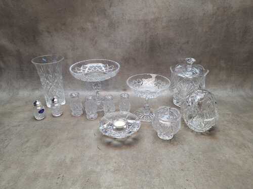 Assorted crystal including Royal Doulton salt and pepper shakers, Orrefors tea light holder, Inwald comport, etc.