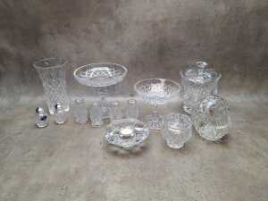 Assorted crystal including Royal Doulton salt and pepper shakers, Orrefors tea light holder, Inwald comport, etc.