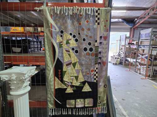 Hand embroidered chain stitch tapestry with hang rail