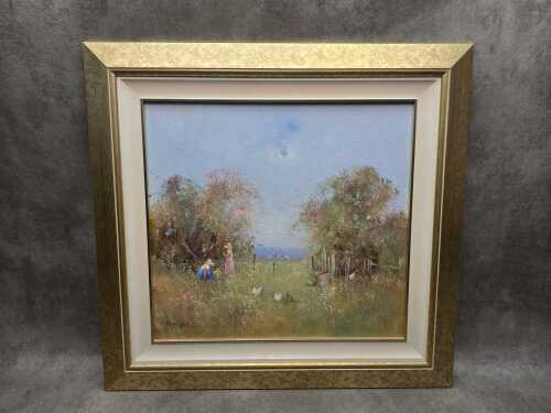 Elwyn White, Gathering Blackberries. Oil painting on board