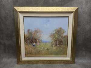 Elwyn White, Gathering Blackberries. Oil painting on board