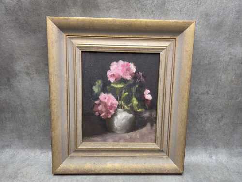Dawn Pankiewicz, Pink Geraniums. Oil painting on board