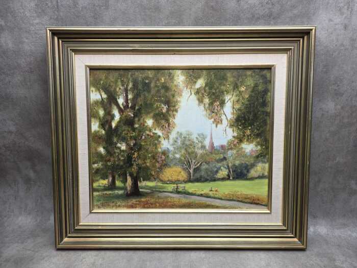 Gladys Jauncey, April in Fitzroy Gardens. Oil painting on board