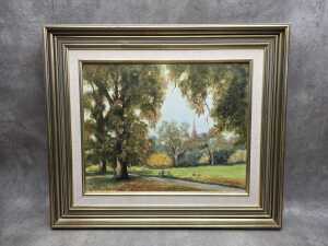 Gladys Jauncey, April in Fitzroy Gardens. Oil painting on board