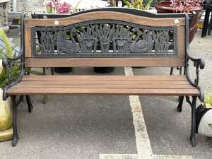 Two-seater timber and cast iron garden bench