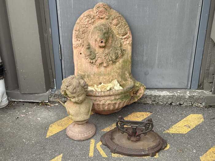 Group of three outdoor garden ornaments