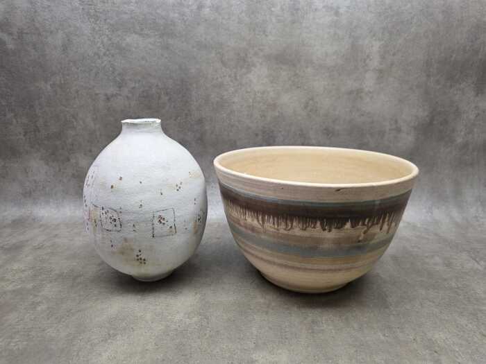 Two studio pottery decorative pieces in earth tones