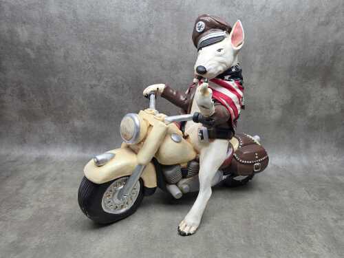 Biker Bull Terrier (with attitude) riding a motorcycle chalkware sculpture
