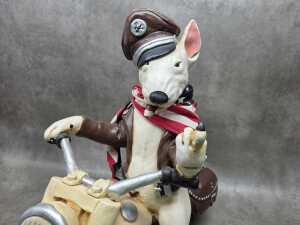 Biker Bull Terrier (with attitude) riding a motorcycle chalkware sculpture - 3