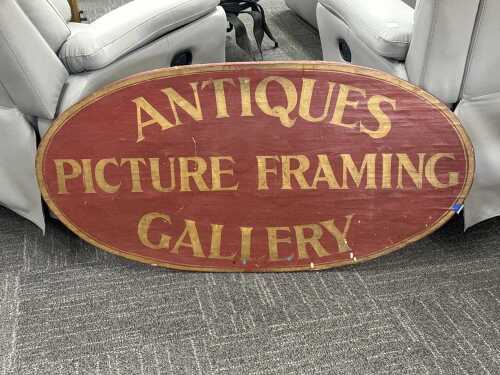 Oval timber sign 'Antique Picture Framing Gallery'