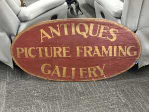 Oval timber sign 'Antique Picture Framing Gallery'