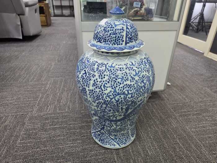 Blue and white decorative lidded ginger jar