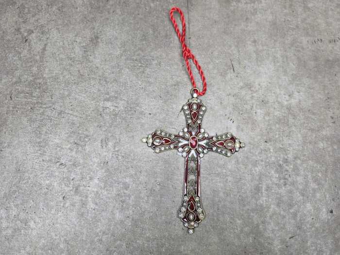 Metal red enamel hanging cross with hanging loop