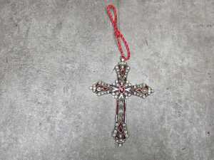 Metal red enamel hanging cross with hanging loop