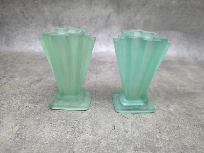 Two Art Deco uranium glass stepped vases