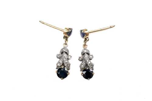 A pair of sapphire and diamond earrings in 9 carat yellow gold